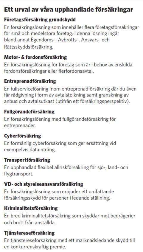 Lista över företagsförsäkringar: egendom, motor, entreprenad med mera.