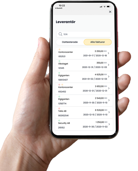 Mobilapp för fakturahantering och leverantörsöversikt visas på smartphone.