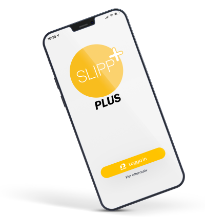 Smartphone med Slipp Plus-appens startskärm.