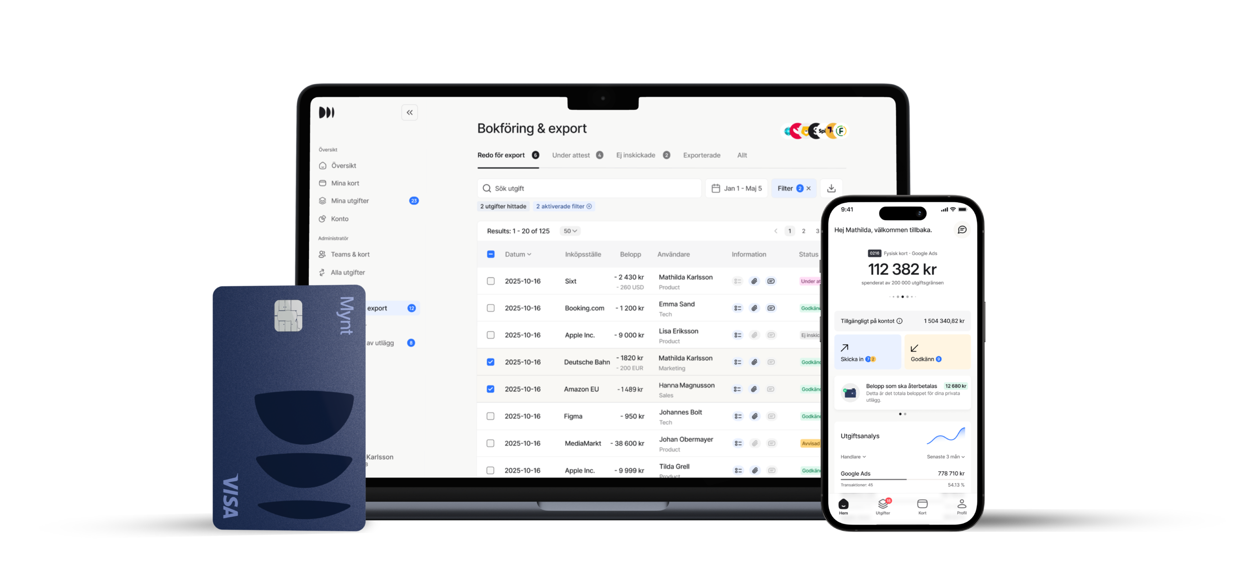 Ekonomiöversikt med Mynt-kort och bokföringsapp på laptop och mobilskärm.
