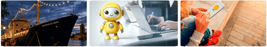 Färgglada bilder av en båt, en robot och en person som använder smartphone.